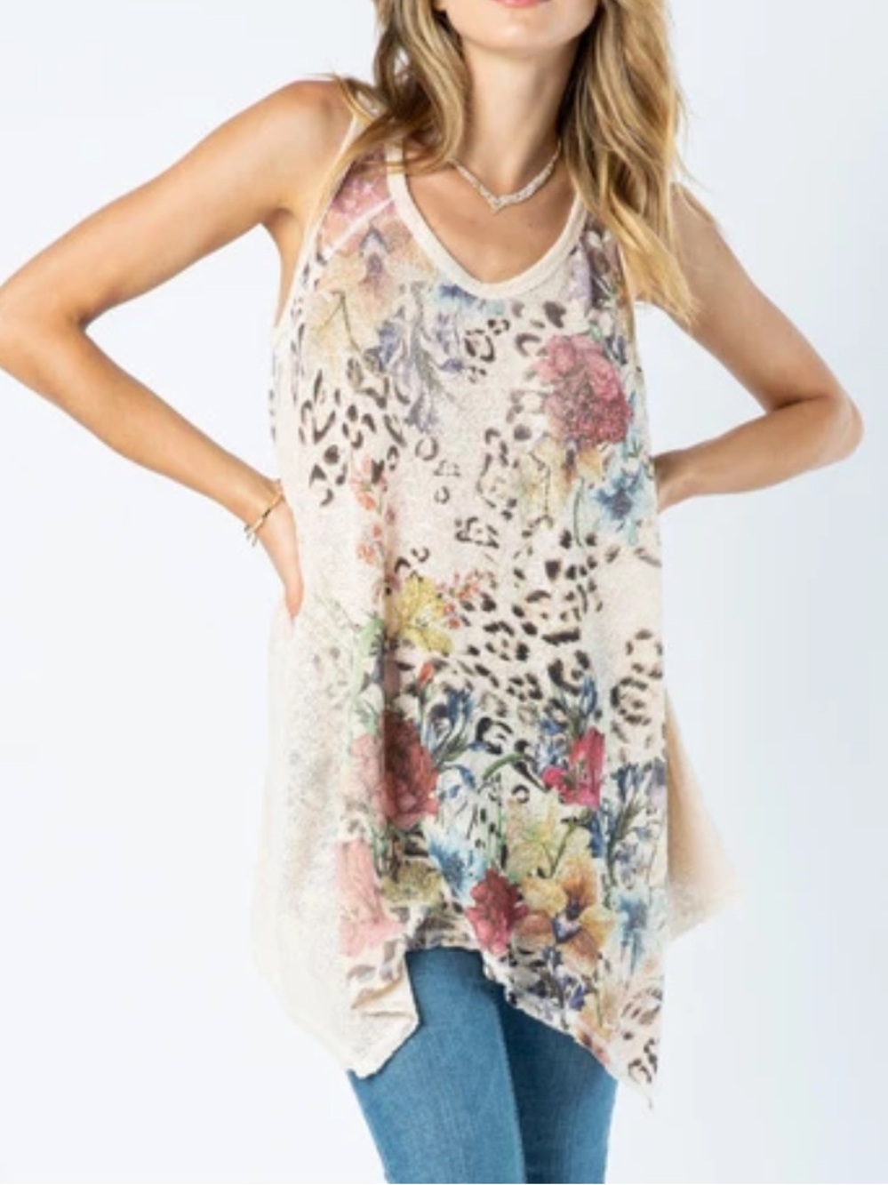 USA Vocal Women Animal Print Floral Sleeveless Tank Top Sweater Lace Jewel Taupe